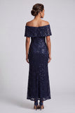 Sparkly Mermaid Navy Off the Shoulder Midi Mother Of the Bride Dress with Sequins