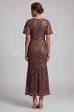 Sparkly Navy Mermaid Flutter Sleeves Sequins Midi Mother Of the Bride Dress with Slit