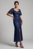 Sparkly Navy Mermaid Flutter Sleeves Sequins Midi Mother Of the Bride Dress with Slit
