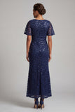 Sparkly Navy Mermaid Flutter Sleeves Sequins Midi Mother Of the Bride Dress with Slit