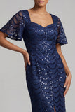 Sparkly Navy Mermaid Flutter Sleeves Sequins Midi Mother Of the Bride Dress with Slit