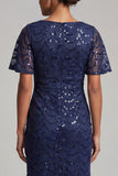 Sparkly Navy Mermaid Flutter Sleeves Sequins Midi Mother Of the Bride Dress with Slit