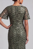 Sparkly Navy Mermaid Flutter Sleeves Sequins Midi Mother Of the Bride Dress with Slit