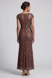 Sparkly Navy Mermaid Round Neck Sequins Midi Mother Of the Bride Dress with Cap Sleeves