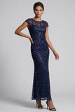 Sparkly Navy Mermaid Round Neck Sequins Midi Mother Of the Bride Dress with Cap Sleeves