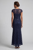 Sparkly Navy Mermaid Round Neck Sequins Midi Mother Of the Bride Dress with Cap Sleeves