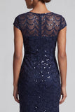 Sparkly Navy Mermaid Round Neck Sequins Midi Mother Of the Bride Dress with Cap Sleeves
