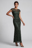Sparkly Navy Mermaid Round Neck Sequins Midi Mother Of the Bride Dress with Cap Sleeves