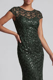 Sparkly Navy Mermaid Round Neck Sequins Midi Mother Of the Bride Dress with Cap Sleeves