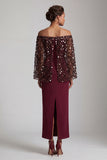 Burgundy Mermaid Off the Shoulder Midi Mother Of the Bride Dress with Cape
