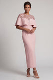 Burgundy Mermaid Round Neck Midi Mother Of the Bride Dress with Cape