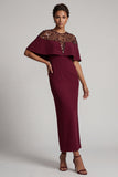 Burgundy Mermaid Round Neck Midi Mother Of the Bride Dress with Cape