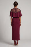 Burgundy Mermaid Round Neck Midi Mother Of the Bride Dress with Cape