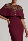 Burgundy Mermaid Round Neck Midi Mother Of the Bride Dress with Cape