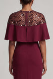 Burgundy Mermaid Round Neck Midi Mother Of the Bride Dress with Cape