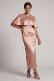 Burgundy Mermaid Round Neck Midi Mother Of the Bride Dress with Cape