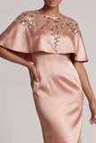 Burgundy Mermaid Round Neck Midi Mother Of the Bride Dress with Cape