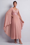Sky Blue A-Line Chiffon V-Neck Midi Mother Of the Bride Dress with Cape Sleeves