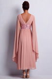 Sky Blue A-Line Chiffon V-Neck Midi Mother Of the Bride Dress with Cape Sleeves