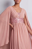 Sky Blue A-Line Chiffon V-Neck Midi Mother Of the Bride Dress with Cape Sleeves