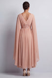 Sky Blue A-Line Chiffon V-Neck Midi Mother Of the Bride Dress with Cape Sleeves