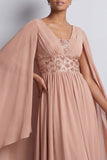 Sky Blue A-Line Chiffon V-Neck Midi Mother Of the Bride Dress with Cape Sleeves