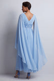 Sky Blue A-Line Chiffon V-Neck Midi Mother Of the Bride Dress with Cape Sleeves