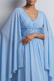 Sky Blue A-Line Chiffon V-Neck Midi Mother Of the Bride Dress with Cape Sleeves