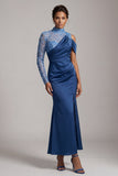 Blue Mermaid High Neck Ruched Midi Mother Of the Bride Dress with Slit