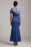 Blue Mermaid High Neck Ruched Midi Mother Of the Bride Dress with Slit