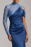 Blue Mermaid High Neck Ruched Midi Mother Of the Bride Dress with Slit