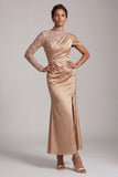 Blue Mermaid High Neck Ruched Midi Mother Of the Bride Dress with Slit
