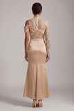 Blue Mermaid High Neck Ruched Midi Mother Of the Bride Dress with Slit