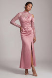 Blue Mermaid High Neck Ruched Midi Mother Of the Bride Dress with Slit