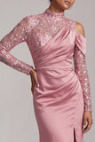 Blue Mermaid High Neck Ruched Midi Mother Of the Bride Dress with Slit