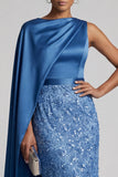Blue Round Neck Mermaid Sequins Midi Mother Of the Bride Dress with Side Cape