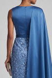 Blue Round Neck Mermaid Sequins Midi Mother Of the Bride Dress with Side Cape