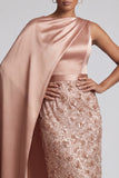 Blue Round Neck Mermaid Sequins Midi Mother Of the Bride Dress with Side Cape