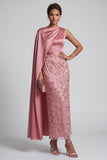 Blue Round Neck Mermaid Sequins Midi Mother Of the Bride Dress with Side Cape