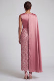 Blue Round Neck Mermaid Sequins Midi Mother Of the Bride Dress with Side Cape