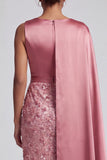 Blue Round Neck Mermaid Sequins Midi Mother Of the Bride Dress with Side Cape