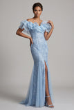 Off the Shoulder Light Blue Mermaid Ruffled Sequins Long Mother Of the Bride Dress with Slit