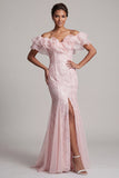 Off the Shoulder Light Blue Mermaid Ruffled Sequins Long Mother Of the Bride Dress with Slit