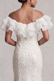 Off the Shoulder Light Blue Mermaid Ruffled Sequins Long Mother Of the Bride Dress with Slit