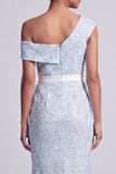One Shoulder Dusty Blue Mermaid Sequins Midi Mother Of the Bride Dress with Slit