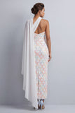 One Shoulder Light Blue Mermaid Sequins Midi Mother Of the Bride Dress with Side Cape