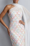 One Shoulder Light Blue Mermaid Sequins Midi Mother Of the Bride Dress with Side Cape
