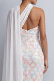 One Shoulder Light Blue Mermaid Sequins Midi Mother Of the Bride Dress with Side Cape