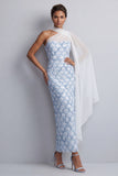 One Shoulder Light Blue Mermaid Sequins Midi Mother Of the Bride Dress with Side Cape