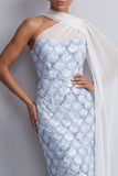 One Shoulder Light Blue Mermaid Sequins Midi Mother Of the Bride Dress with Side Cape